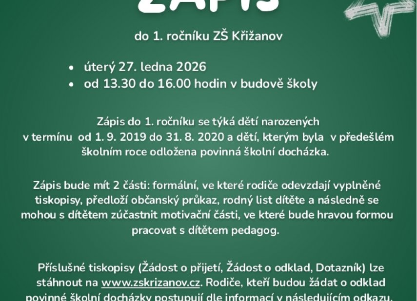 Zápis do 1. ročníku ZŠ na školní rok 2026/2027